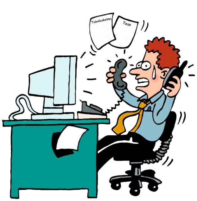  Image d'un homme assis à son bureau, débordé de stress, avec des gouttes de sueur sur le front, des documents éparpillés partout et un téléphone à l'oreille.