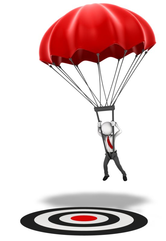 Image d'un homme descendant en parachute avec assurance et calme, se dirigeant vers une cible au sol.